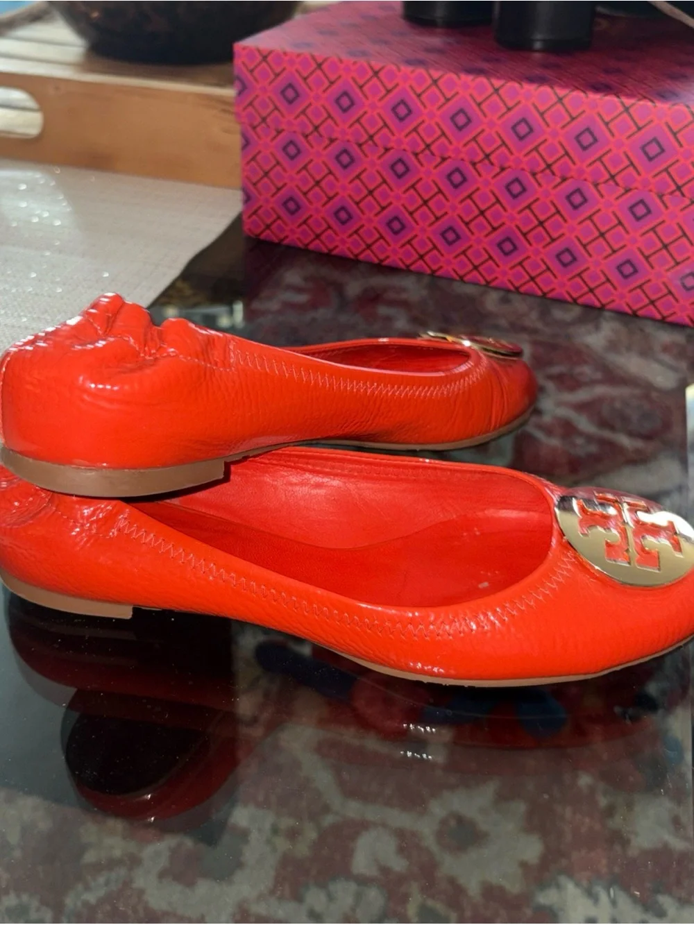 Tory Burch Bright bright orange 🍊 gold Logo Leather Ballet Flats, size 8